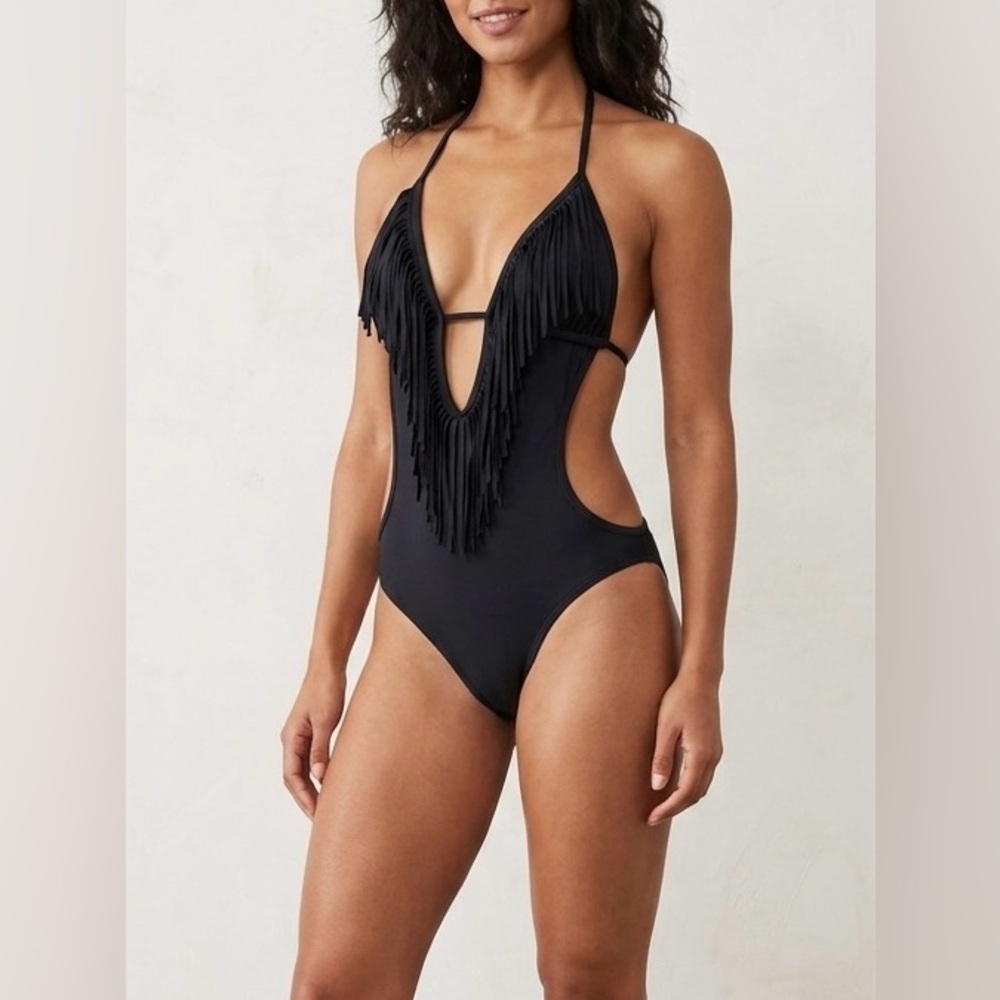 Candie's Black Fringe Deep V One-Piece Swimsuit